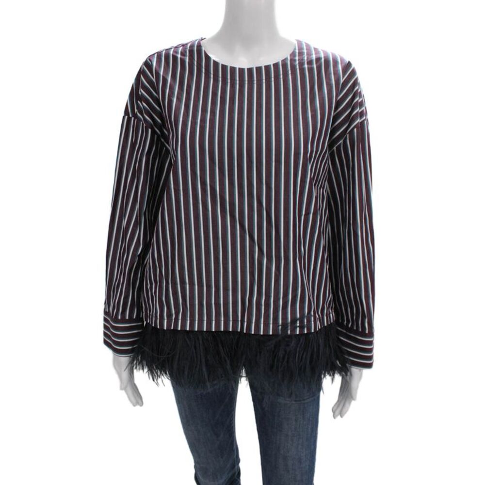 Odeeh Women Red Striped Cotton Round Neck Long Sleeve Blouse Size M
